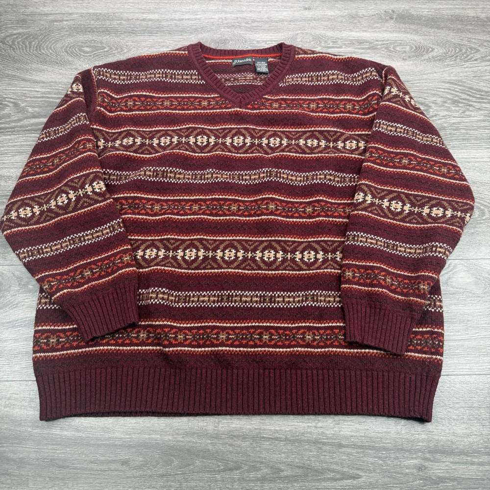 Vintage St Johns Bay Sweater Mens XXL Burgundy Fair Isle Nordic Lambswool Blend